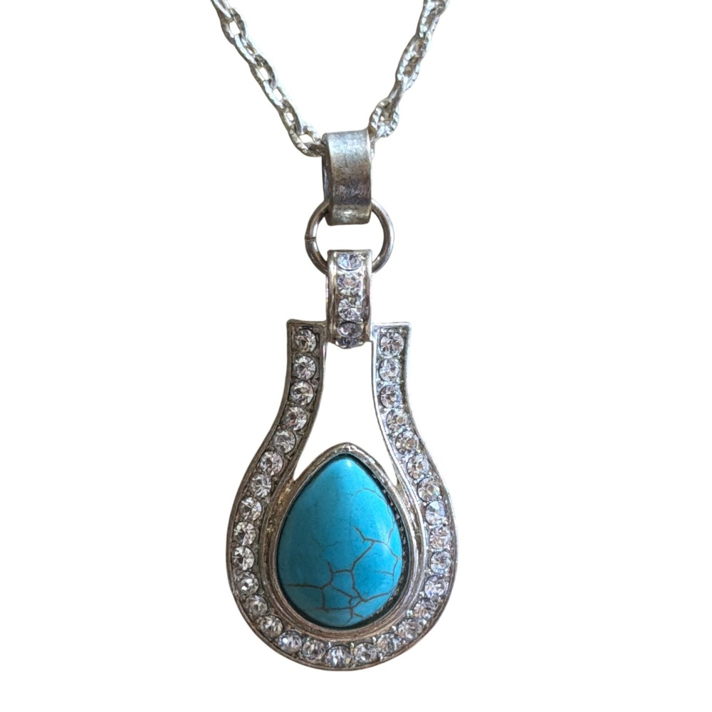 Silver Tone Faux Turquoise Horseshoe Rhinestone Teardrop Pendant Necklace 1345
